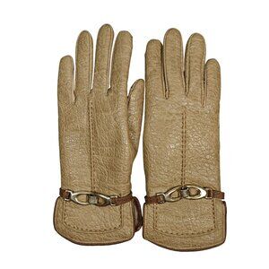 Vintage Aris Beige Vinyl Winter Lined Gloves Women's 7.5-8 Equestrian Buckle